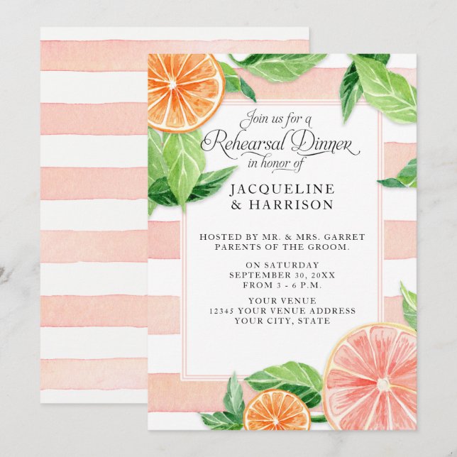 Rehearsal Dinner Citrus Pink Grapefruit Watercolor Invitation (Front/Back)
