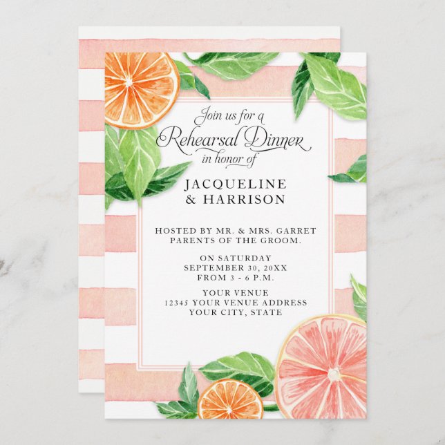 Rehearsal Dinner Citrus Pink Grapefruit Watercolor Invitation (Front/Back)