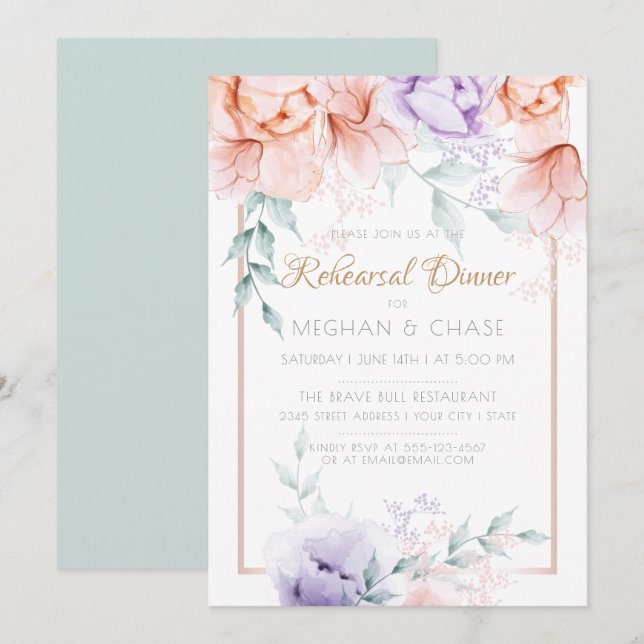 Rehearsal Dinner | Coral / Lilac Aquarelle Peonies Invitation (Front/Back)