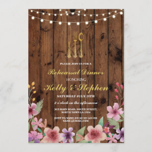 Rehearsal Dinner Cutlery Gold Lights Wood Invite
