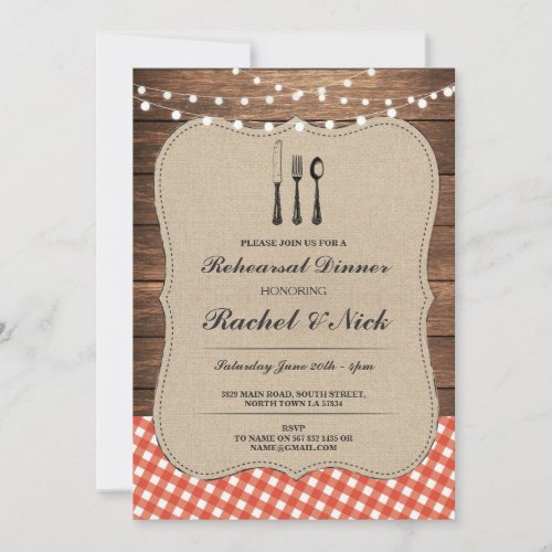 Rehearsal Dinner Cutlery Red Check Rustic Invite