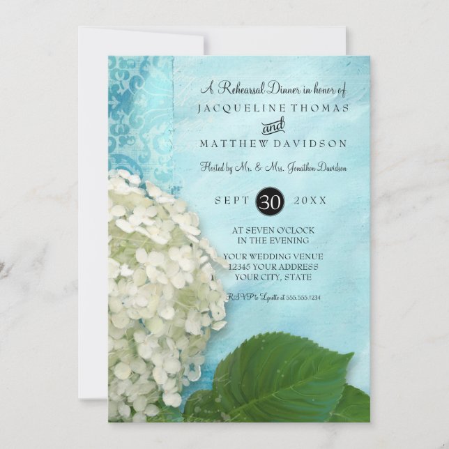 Rehearsal Dinner Damask White Hydrangea Wedding Invitation (Front)
