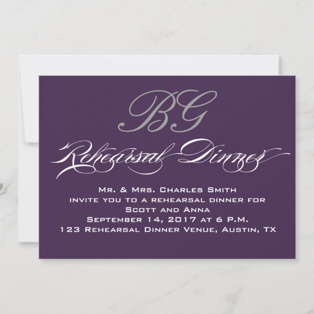 Rehearsal Dinner | Dark Purple Grey Initials Invitation (Front)