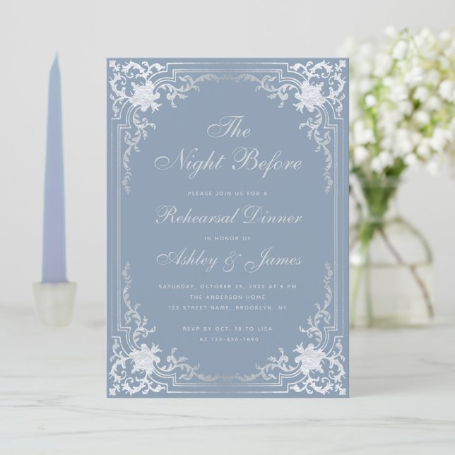 Rehearsal Dinner Dusty Blue Faux Silver Vintage  Invitation (Creator Uploaded)