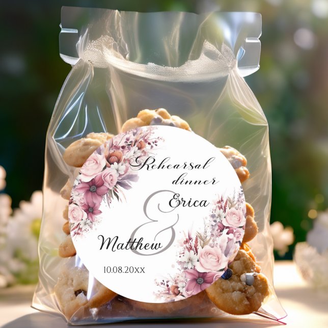 Rehearsal Dinner Dusty Pink Boho Floral Wedding Classic Round Sticker (Creator Uploaded)