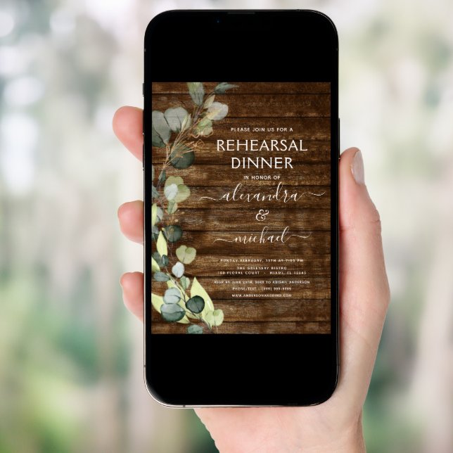 Rehearsal Dinner Eucalyptus Greenery Rustic Wood Invitation (Front Digital)