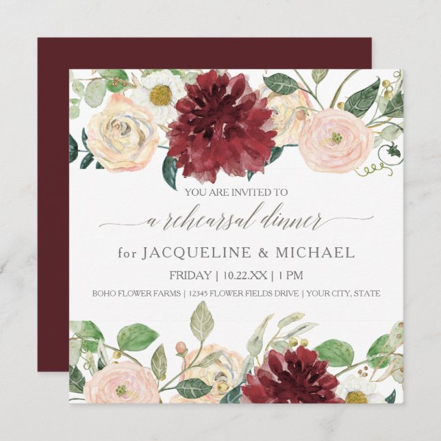 Rehearsal Dinner Fall Chrysanthemum Marsala Rose Invitation (Front/Back)