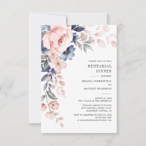 Rehearsal Dinner Floral Dusty Blue Pink Flowers Invitation