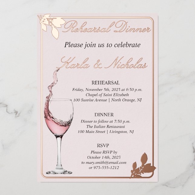 Rehearsal Dinner Floral Toast, Blush Foil Invitation (Front)