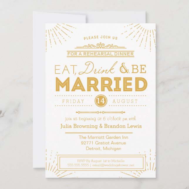 Rehearsal Dinner Gold Art Deco | Eat, Drink & Be Invitation (Front)