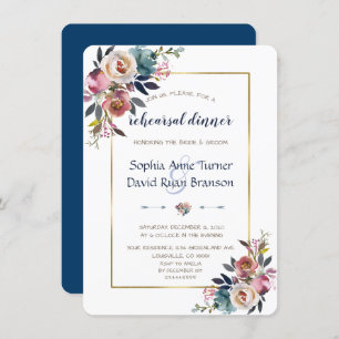 Rehearsal Dinner Gold Dusty Blue Pink Floral Invitation
