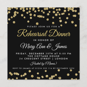 Rehearsal Dinner Gold Faux Glitter Confetti Black Invitation