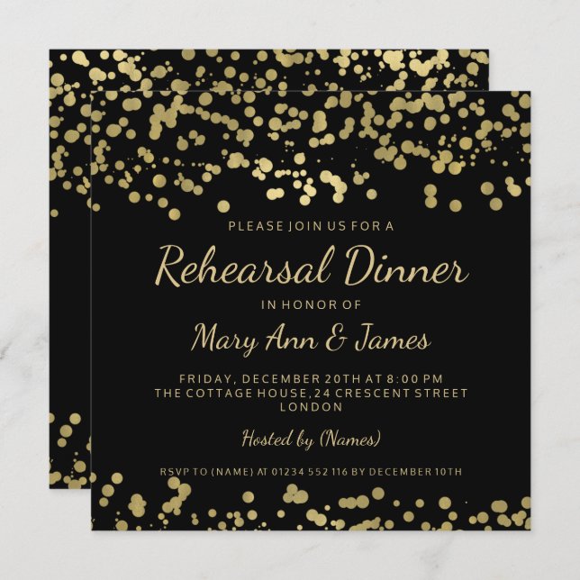 Rehearsal Dinner Gold Foil Look Confetti Invitation (Front/Back)