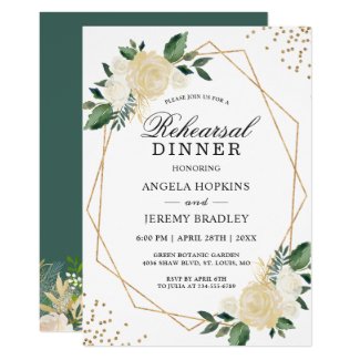Rehearsal Dinner Gold Glitters Greenery Floral Card
