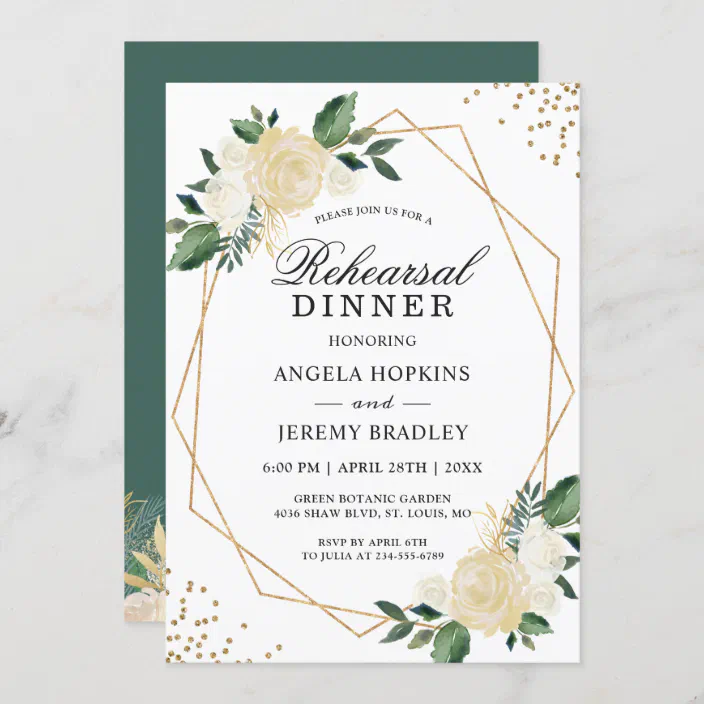 Rehearsal Dinner Gold Glitters Greenery Floral Invitation Zazzle Com