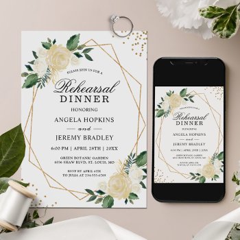 Rehearsal Dinner Gold Glitters Greenery Floral Invitation by CardHunter at Zazzle
