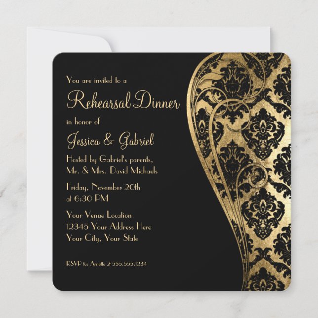 Rehearsal Dinner, Gold Leaf Look Damask Scroll Invitation (Front)