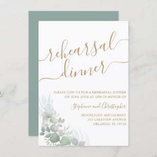 Rehearsal Dinner Green Foliage Gold Script Wedding Invitation