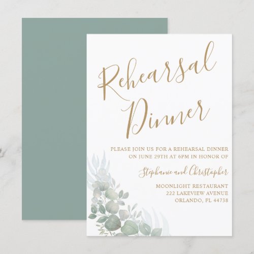 Rehearsal Dinner Green Foliage Gold Script Wedding