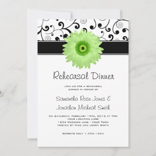 Rehearsal Dinner Green Gerbera Daisy Black Scroll Custom Invitation