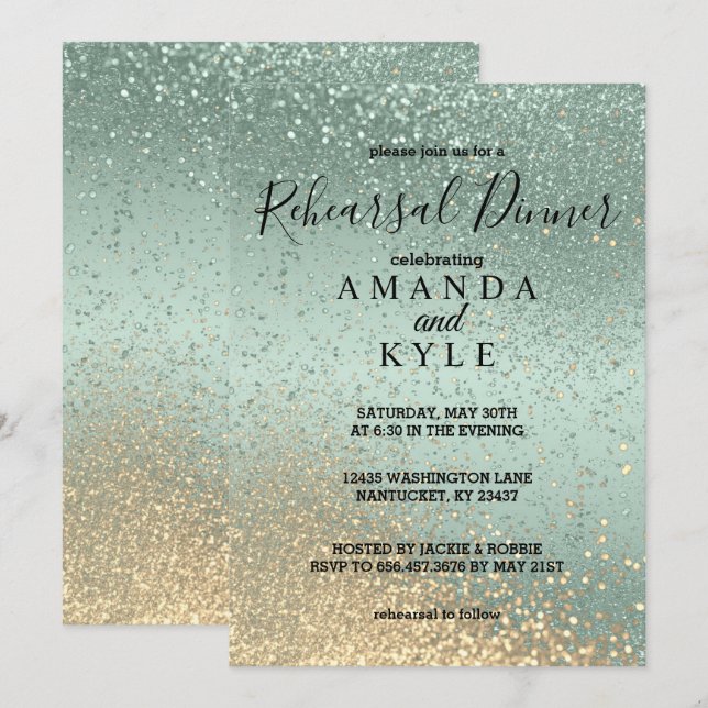 Rehearsal Dinner in Green and Gold Glitter   Invitation (Front/Back)
