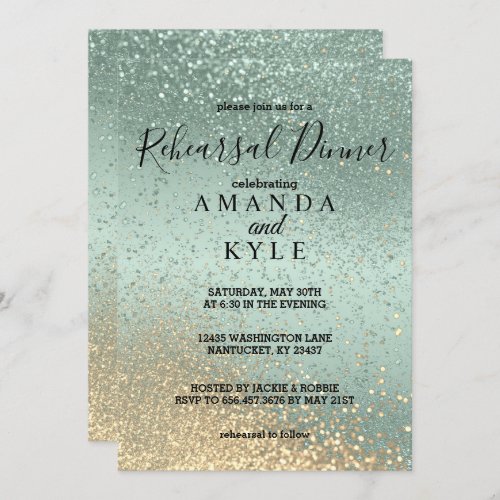 Rehearsal Dinner in Green and Gold Glitter   Invitation