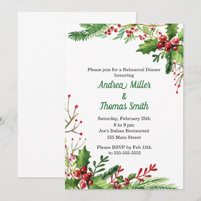 Rehearsal Dinner Invitation Botanical Watercolor (Front/Back)