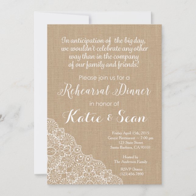 Rehearsal Dinner Invitation- Burlap and Lace Invitation (Front)