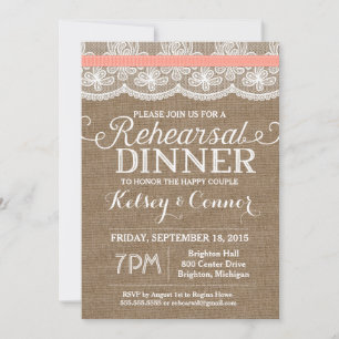 Rehearsal Dinner Invitation, Burlap & Lace, Coral Invitation