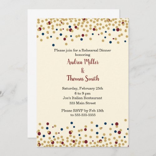 Rehearsal Dinner Invitation Confetti Gold Blue Red