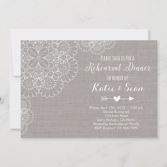 Rehearsal Dinner Invitation Gray Burlap & Lace (Front)