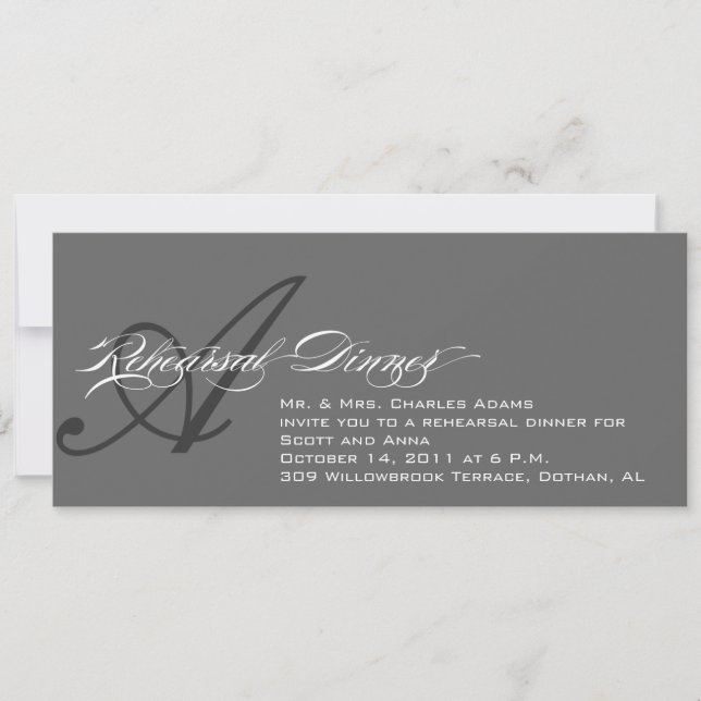 Rehearsal Dinner Invitation Grey Monogram A (Front)