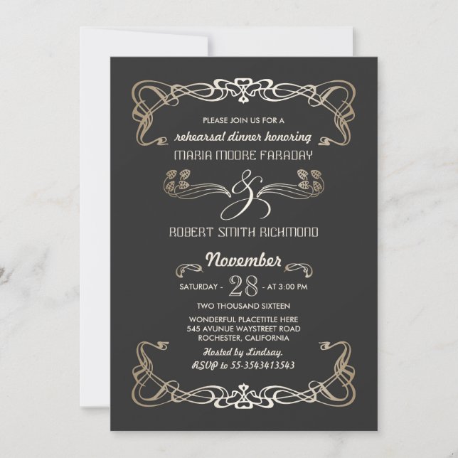 Rehearsal Dinner Invitations Art Deco Gold (Front)