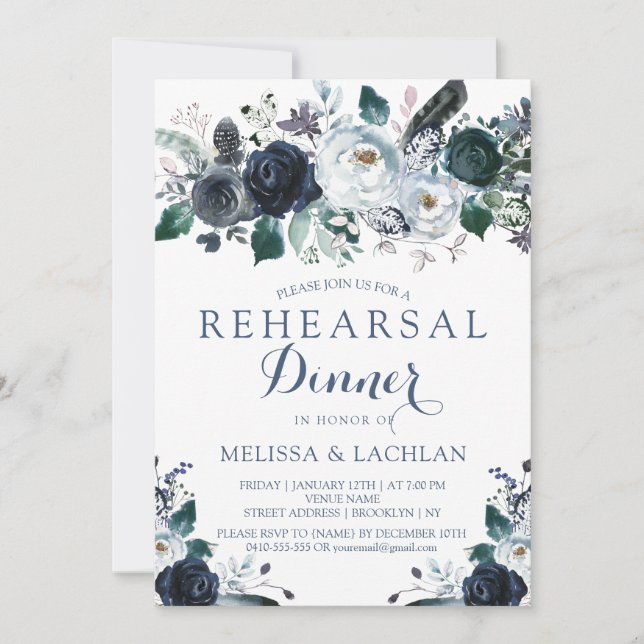 Rehearsal Dinner Invitations Navy Peonies Wedding (Front)