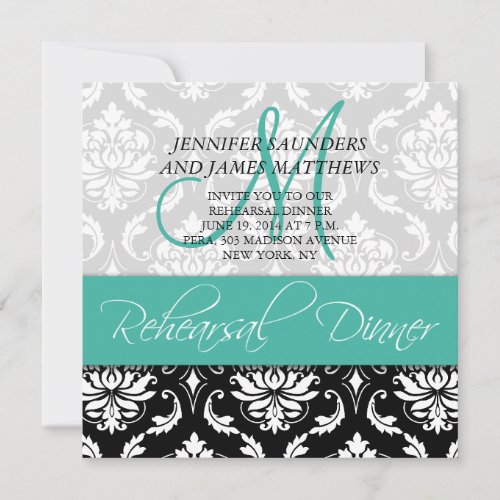 Rehearsal Dinner Invite Damask Monogram Turquoise