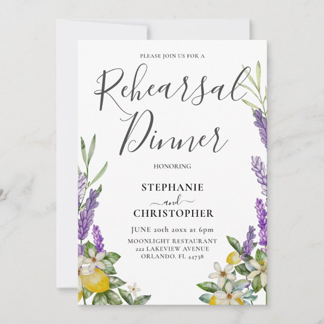 Rehearsal Dinner Lemon & Lavender Foliage Wedding  Invitation (Front)