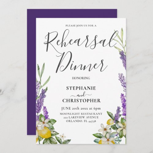 Rehearsal Dinner Lemon  Lavender Foliage Wedding  Invitation