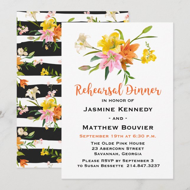 Rehearsal Dinner Lily Flowers Orange Black Stripes Invitation (Front/Back)