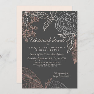 Rehearsal Dinner Line Art Charcoal Floral Peony Invitation