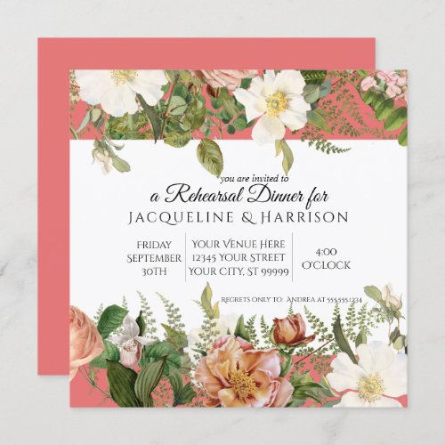Rehearsal Dinner Living Coral w Ivory Roses Floral Invitation