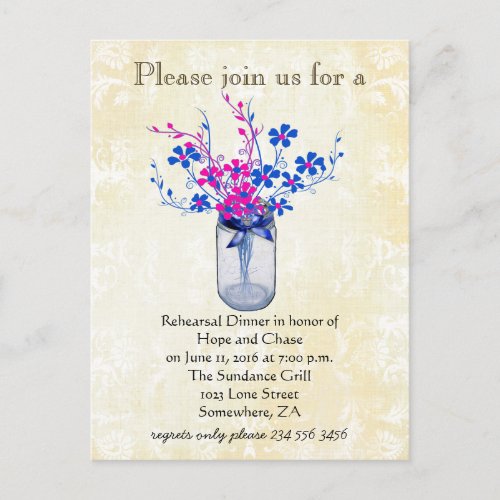 Rehearsal Dinner Mason Jar Lapis Blue and Hot Pink Invitation Postcard