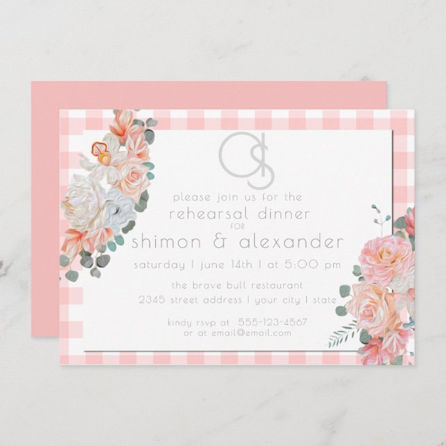 Rehearsal Dinner  | Monogram Coral Gingham Floral Invitation (Front/Back)