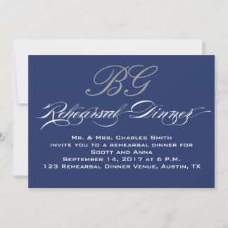 Rehearsal Dinner | Navy Blue Grey Initials Invitation