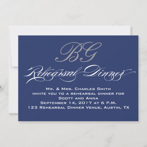Rehearsal Dinner | Navy Blue Grey Initials Personalized Announcement