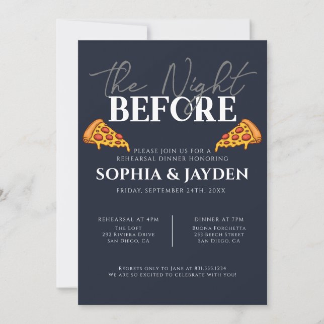 Rehearsal Dinner Navy Blue PIZZA Modern Invitation (Front)