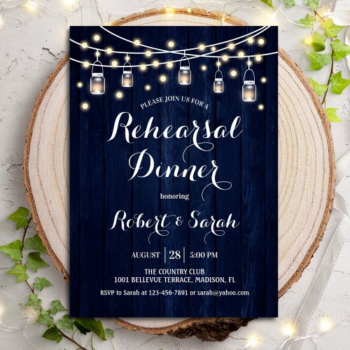 Rehearsal Dinner _ Navy Blue Rustic Wood Invitation