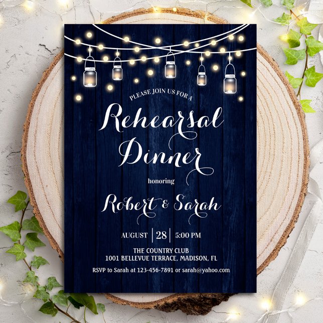 Rehearsal Dinner - Navy Blue Rustic Wood Invitation (Creator Uploaded)