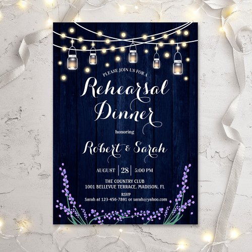 Rehearsal Dinner _ Navy Blue Wood Lavender Invitation