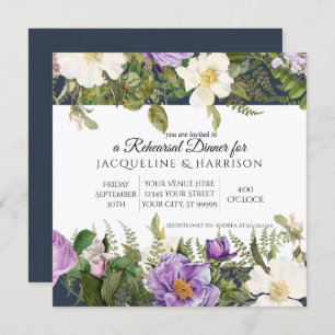 Rehearsal Dinner Navy Purple Ivory Rose Floral Invitation