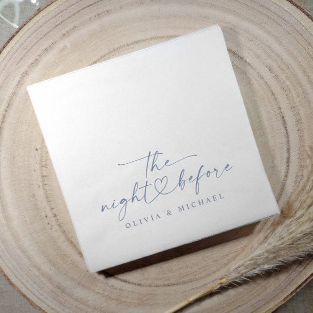 Rehearsal Dinner Night Before Dusty Blue Wedding Napkins (Dusty blue rehearsal dinner napkins with the night before heart accent, and simple modern style.)